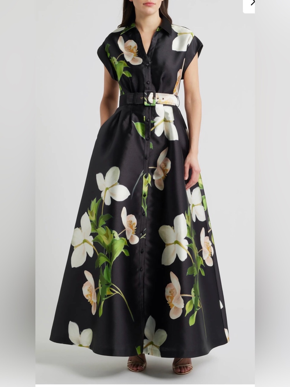 Julia Jordan Belted Floral Mikado Shirt Dress Gown, Size 16